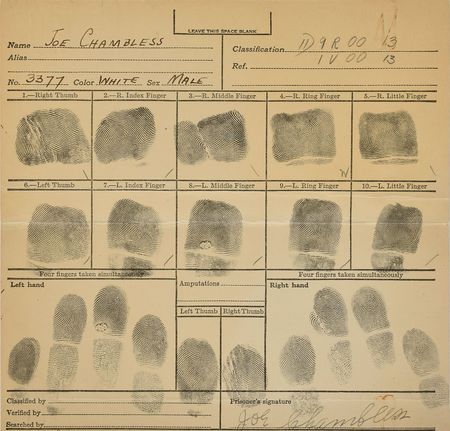 Lot #2076 Joe Chambless Signed Fingerprint Card and Original Vintage Mug Shot Photograph - Image 3