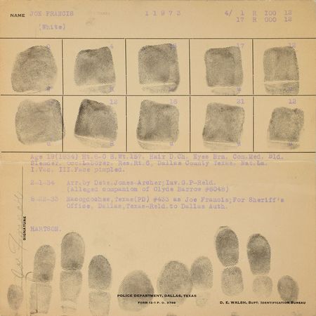 Lot #2080 Joe Francis Signed Fingerprint Card and Original Vintage Mug Shot Photograph - Image 2