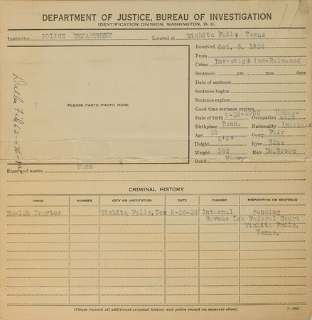 Lot #2089 Beulah Praytor Signed Fingerprint Card and Original Vintage Mug Shot Photograph - Image 2