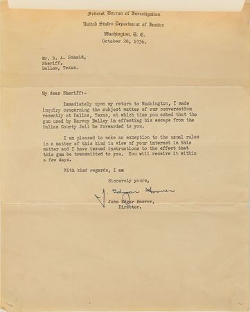 Lot #2051 Sheriff 'Smoot' Schmid Family's Pair of Signed J. Edgar Hoover Letters - Image 2