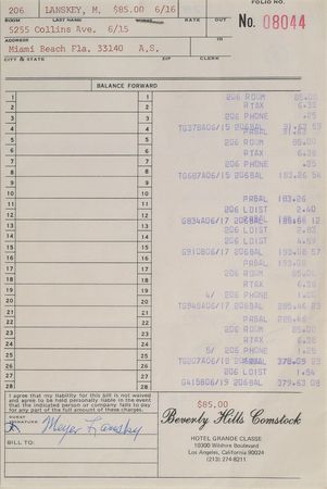 Lot #2135 Meyer Lansky Signed Hotel Receipt - Image 1