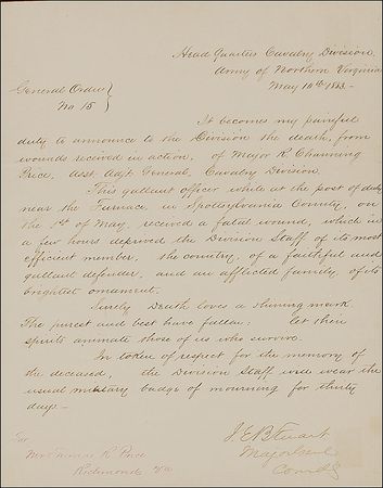 Lot #317 J. E. B. Stuart: Stuart mourns the death of his trusted adjutant at the 1863 Battle of Chancellorsville: “It becomes my painful duty to announce to the Division the death, from wounds received in action, of Major Channing Price” - Image 2