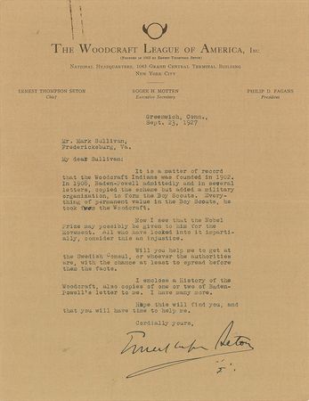 Lot #546 Ernest Thompson Seton: “Everything of permanent value in the Boy Scouts, he took from the Woodcraft” - Image 1