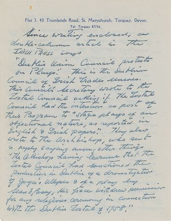 Lot #496 Sean O'Casey: Response to the controversial 