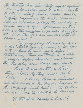 Lot #496 Sean O'Casey: Response to the controversial 