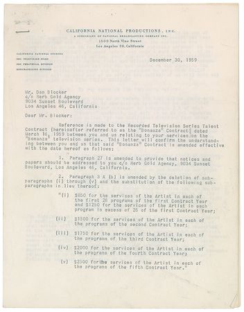 Lot #725 Bonanza Signed Document - Image 1