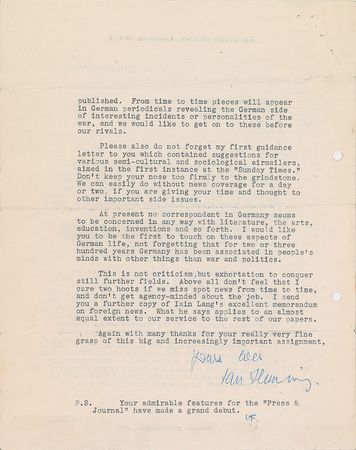 Lot #485 Ian Fleming: Fleming urges a Berlin spy not to forget ?that for two or three hundred years Germany has been associated in people?s minds with other things than war and politics? - Image 1