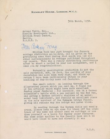 Lot #485 Ian Fleming: Fleming urges a Berlin spy not to forget ?that for two or three hundred years Germany has been associated in people?s minds with other things than war and politics? - Image 2