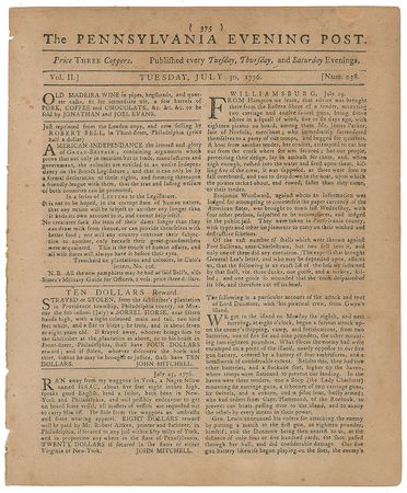 Lot #18 Pennsylvania Evening Post: July 30, 1776