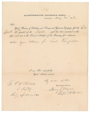 Lot #421 George E. Pickett: Nearing the end of the war with Mexico, Longstreet turns over to Pickett 