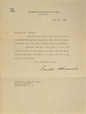 Lot #304 Franklin D. Roosevelt: FDR runs for vice president in 1920: 