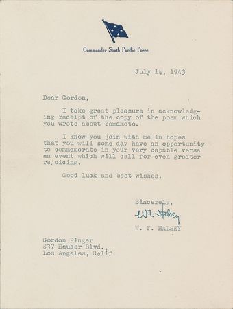 Lot #116 William F. Halsey Typed Letter Signed