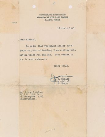 Lot #123 John S. McCain, Sr Typed Letter Signed