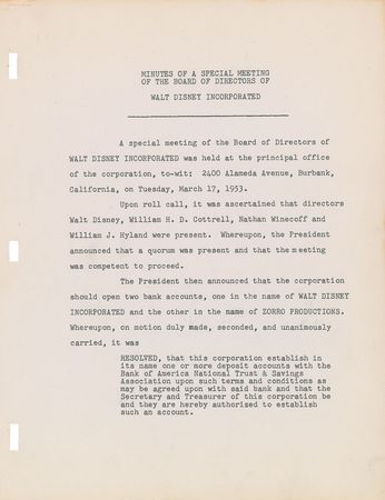 Lot #525 Walt Disney: Early 1953 Zorro Productions document by 