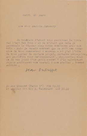 Lot #504 Jean Dubuffet Typed Letter Signed - Image 1