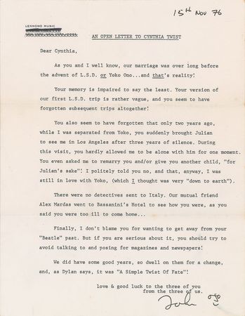 Lot #602 Beatles: John Lennon: An open letter to Cynthia Lennon?