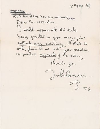 Lot #602 Beatles: John Lennon: An open letter to Cynthia Lennon?