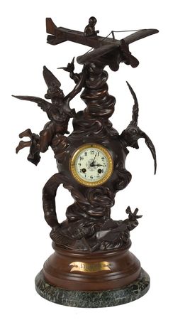 Lot #429 L'Aviation Sculptural Clock: Stunning Bleriot-inspired figural clock sculpture by Charles Ruchot - Image 1