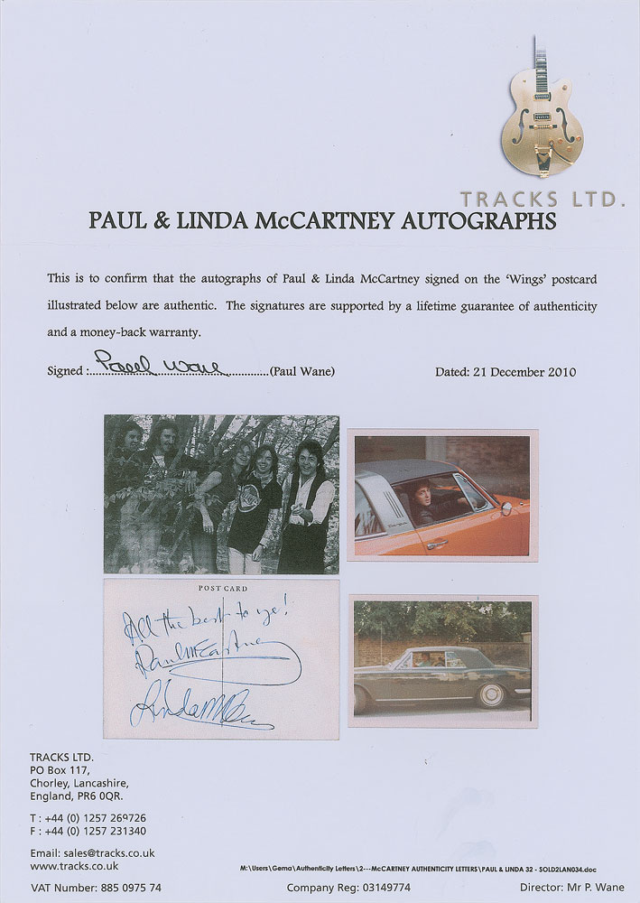 Wings: Paul and Linda McCartney Signed Postcard | RR Auction