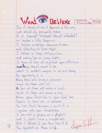 Lot #4287 Tupac Shakur 'What I Believe' Original Handwritten and Signed Poem - Image 2