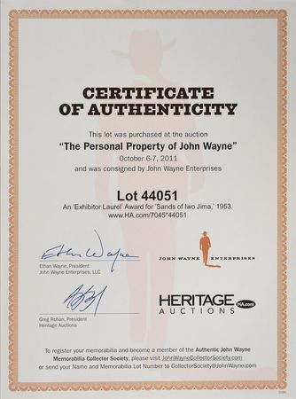 Lot #4382 John Wayne's Award for Sands of Iwo Jima - Image 3