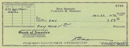 Lot #4413  Twilight Zone: Rod Serling Signed Check - Image 1