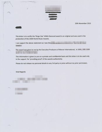 Lot #4047 Ringo Starr's 2008 World Music Award - Image 5