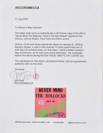 Lot #4214 The Sex Pistols 'Never Mind the Bollocks' Signed Album - Image 3