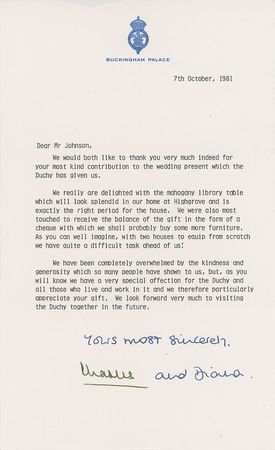 Lot #83 Princess Diana and Charles Signed Typed Letter: The newly wedded royal couple - Image 1
