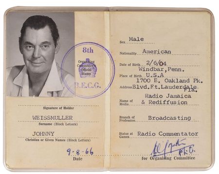 Lot #912 Johnny Weissmuller: Weissmuller's passes to the 1966 British Empire and Commonwealth Games - Image 1