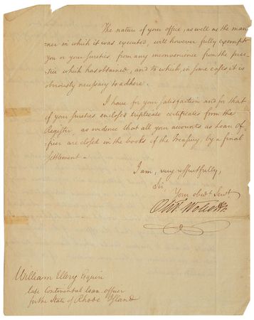 Lot #334 Oliver Wolcott, Jr: Letter to Declaration signer William Ellery concerning the Continental Loan Office - Image 2