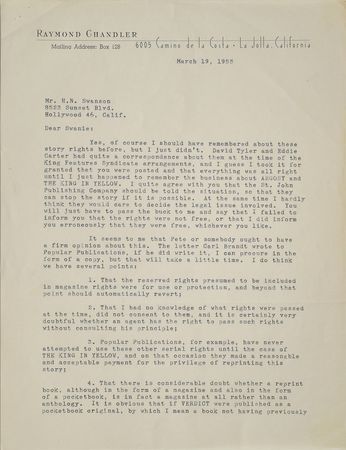 Lot #512 Raymond Chandler: Chandler deals with story rights?