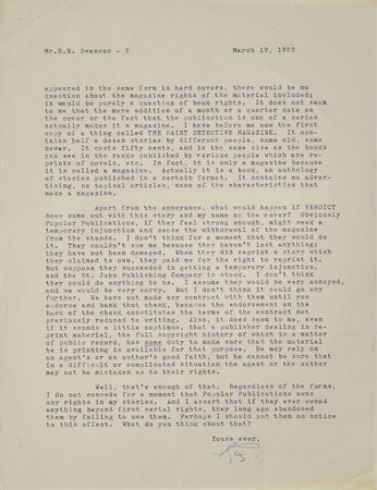 Lot #512 Raymond Chandler: Chandler deals with story rights?