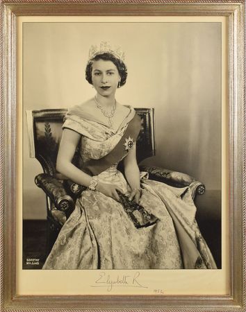 Lot #38 Queen Elizabeth II and Prince Philip Oversized Signed Photos: Vintage oversized portraits of Elizabeth and Philip from 1953 - Image 1