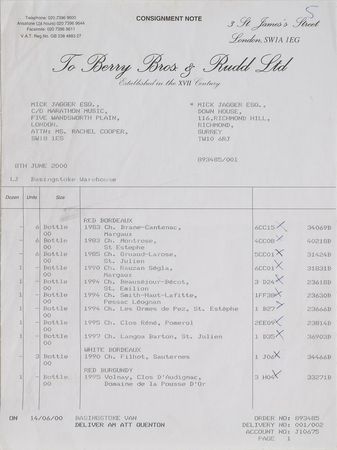 Lot #498 Rolling Stones: Mick Jagger: Jagger signs for a huge wine shipment - Image 1