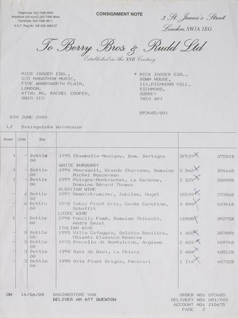 Lot #498 Rolling Stones: Mick Jagger: Jagger signs for a huge wine shipment - Image 2