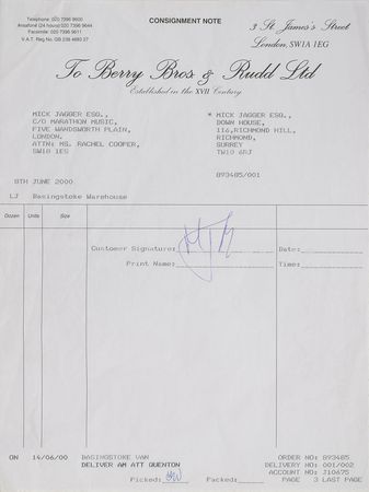 Lot #498 Rolling Stones: Mick Jagger: Jagger signs for a huge wine shipment - Image 3