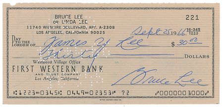 Lot #594 Bruce Lee: The kung-fu legend issues a rare check to his instructor and â??iron palmâ?? master - Image 1