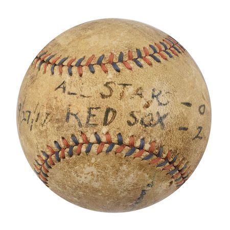 Lot #757 Boston Red Sox vs. All Stars: 1917: Game-used baseball from the 1917 Tim Murnane Benefit—played in by Babe Ruth, Ty Cobb, Walter Johnson, and Shoeless Joe Jackson - Image 1