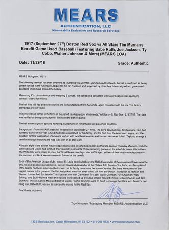 Lot #757 Boston Red Sox vs. All Stars: 1917: Game-used baseball from the 1917 Tim Murnane Benefit—played in by Babe Ruth, Ty Cobb, Walter Johnson, and Shoeless Joe Jackson - Image 21