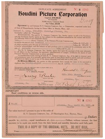Lot #593 Harry Houdini: Ten shares in the Houdini Picture Corporation - Image 2