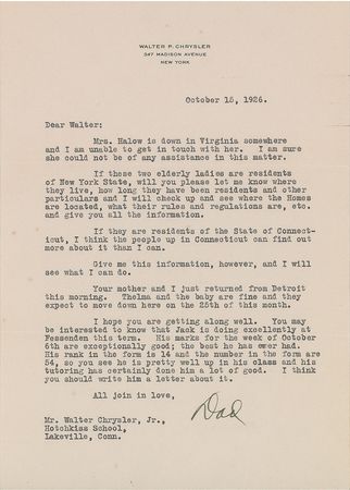 Lot #54 Walter P. Chrysler Typed Letter Signed