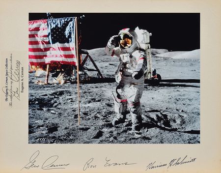 Lot #8442 Gene Cernan's Apollo 17 Crew-Signed Oversized Photograph - Image 1