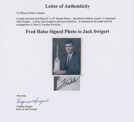 Lot #8375 Fred Haise Signed Photograph to Jack Swigert - Image 2