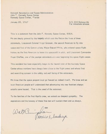 Lot #8303 Walt Cunningham Signed Cover and Apollo 1 Tragedy News Release - Image 1
