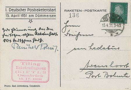 Lot #8175 Reinhold Tiling Signed and Flown Rocketmail Card - Image 1