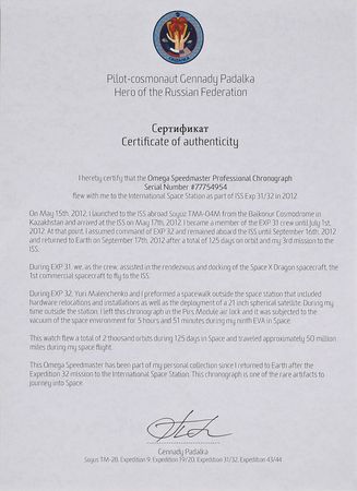 Lot #8465  ISS Expedition 31/32: Gennady Padalka's Flown Omega Speedmaster Pro - Image 12