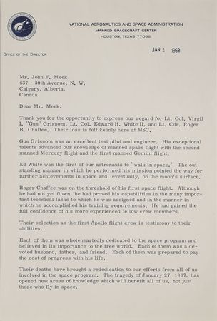 Lot #8299  Apollo 1 Memorial Letter Signed by Gilruth - Image 1
