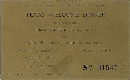 Lot #67 John F. Kennedy Texas Welcome Dinner Ticket Ticket - Image 1