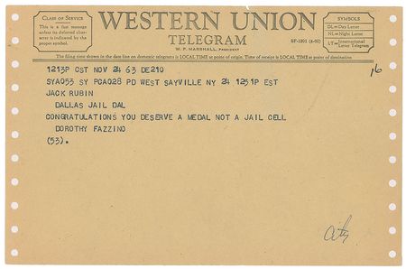 Lot #126 Kennedy Assassination: Jack Ruby and James Leavelle Telegram and Signed Photo Telegram and Signed Photograph - Image 1